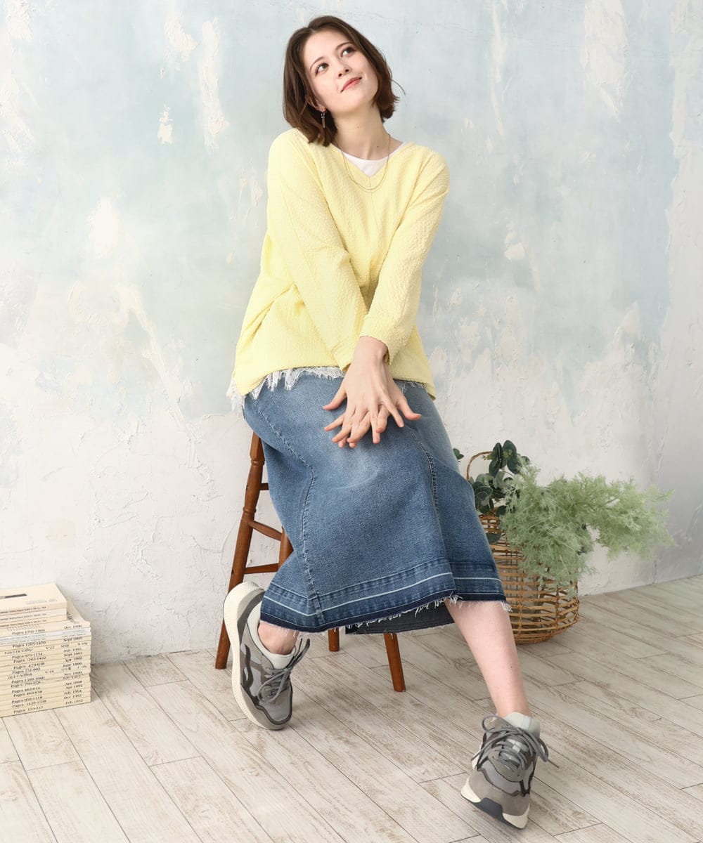 OLKDD05069 eur3(エウルキューブ) 【WEB先行販売】【大きいサイズ】リップルジャージー2WAYカットソー ライトイエロー