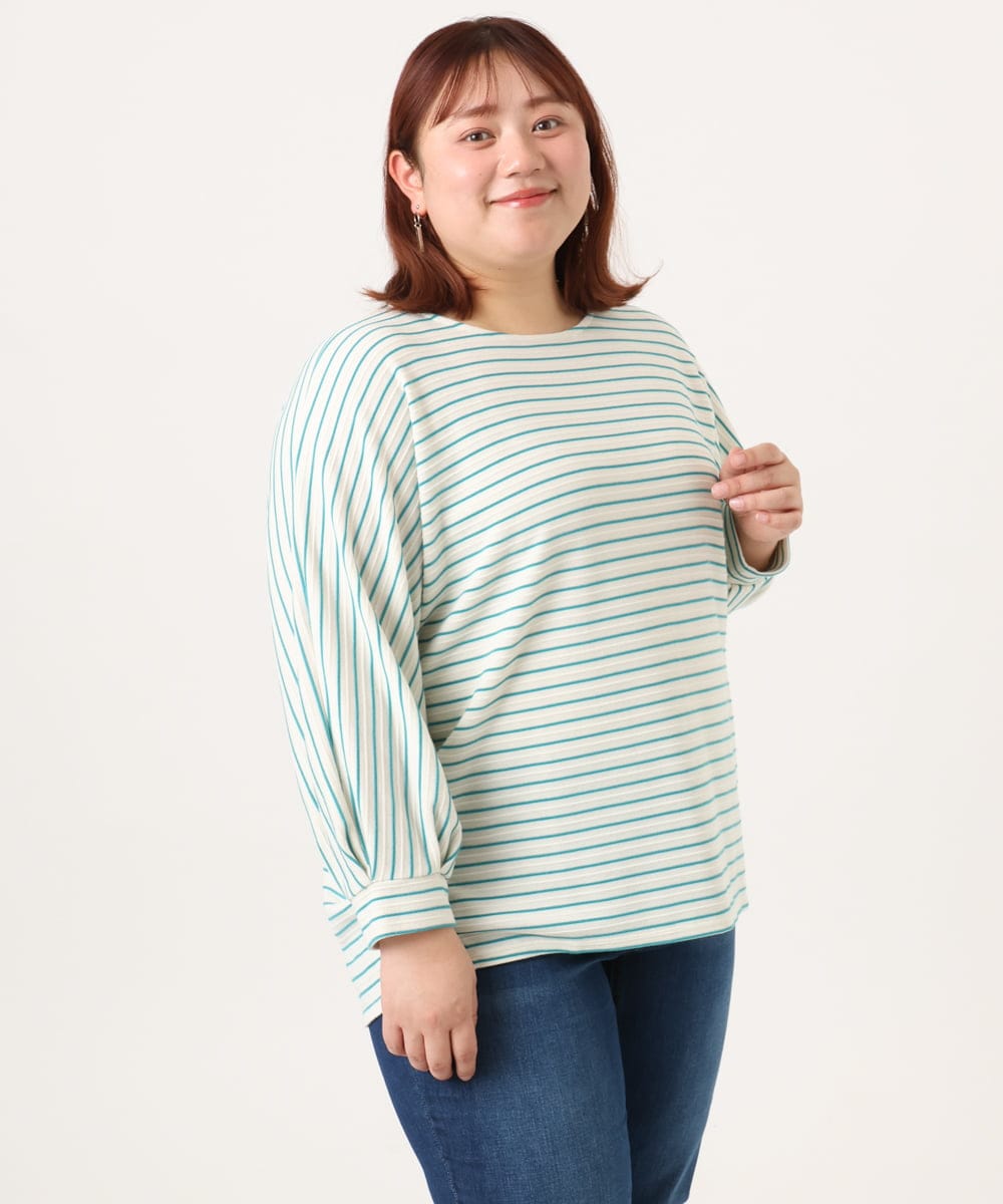 OLKDD15059 eur3(エウルキューブ) 【WEB先行販売】【大きいサイズ】リップルボーダーカットソー ライトグリーン