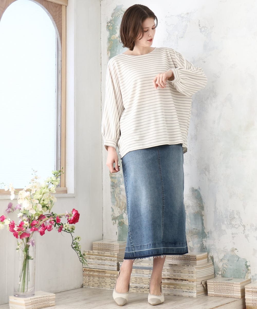 OLKDD15059 eur3(エウルキューブ) 【WEB先行販売】【大きいサイズ】リップルボーダーカットソー アイボリー