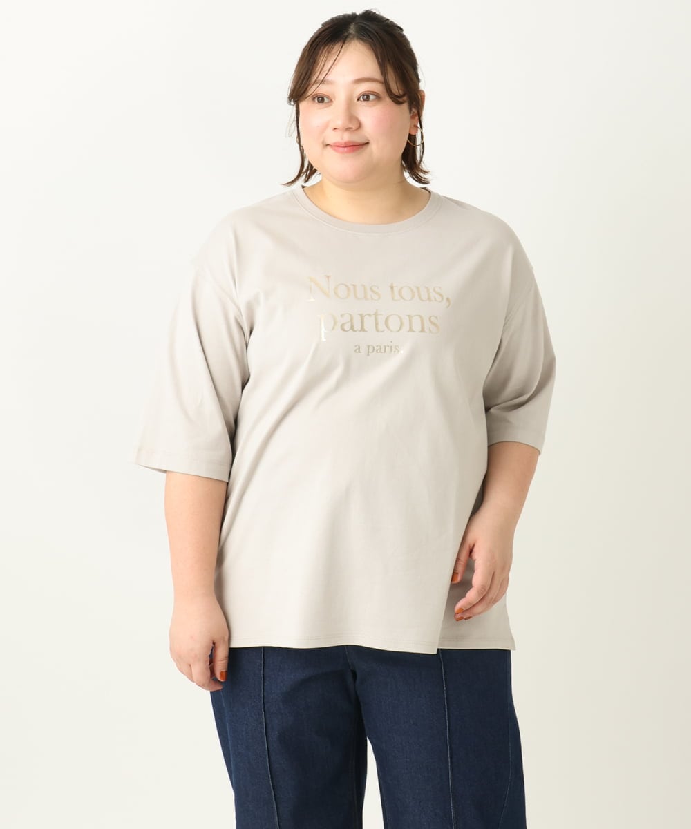 OLKEA09049 eur3(エウルキューブ) 【大きいサイズ】ドロップショルダーロゴTシャツ グレージュ(89)