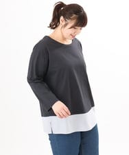 OLKED13089 eur3(エウルキューブ) 【大きいサイズ】裾ストライプカットソー ネイビー（WEB限定カラー）