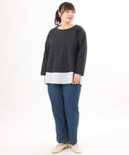 OLKED13089 eur3(エウルキューブ) 【大きいサイズ】裾ストライプカットソー ネイビー（WEB限定カラー）