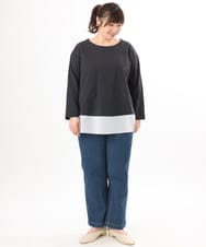 OLKED13089 eur3(エウルキューブ) 【大きいサイズ】裾ストライプカットソー ネイビー（WEB限定カラー）