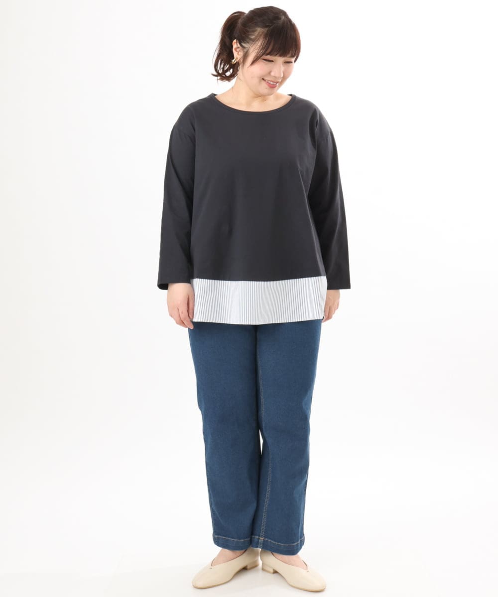 OLKED13089 eur3(エウルキューブ) 【大きいサイズ】裾ストライプカットソー ネイビー（WEB限定カラー）