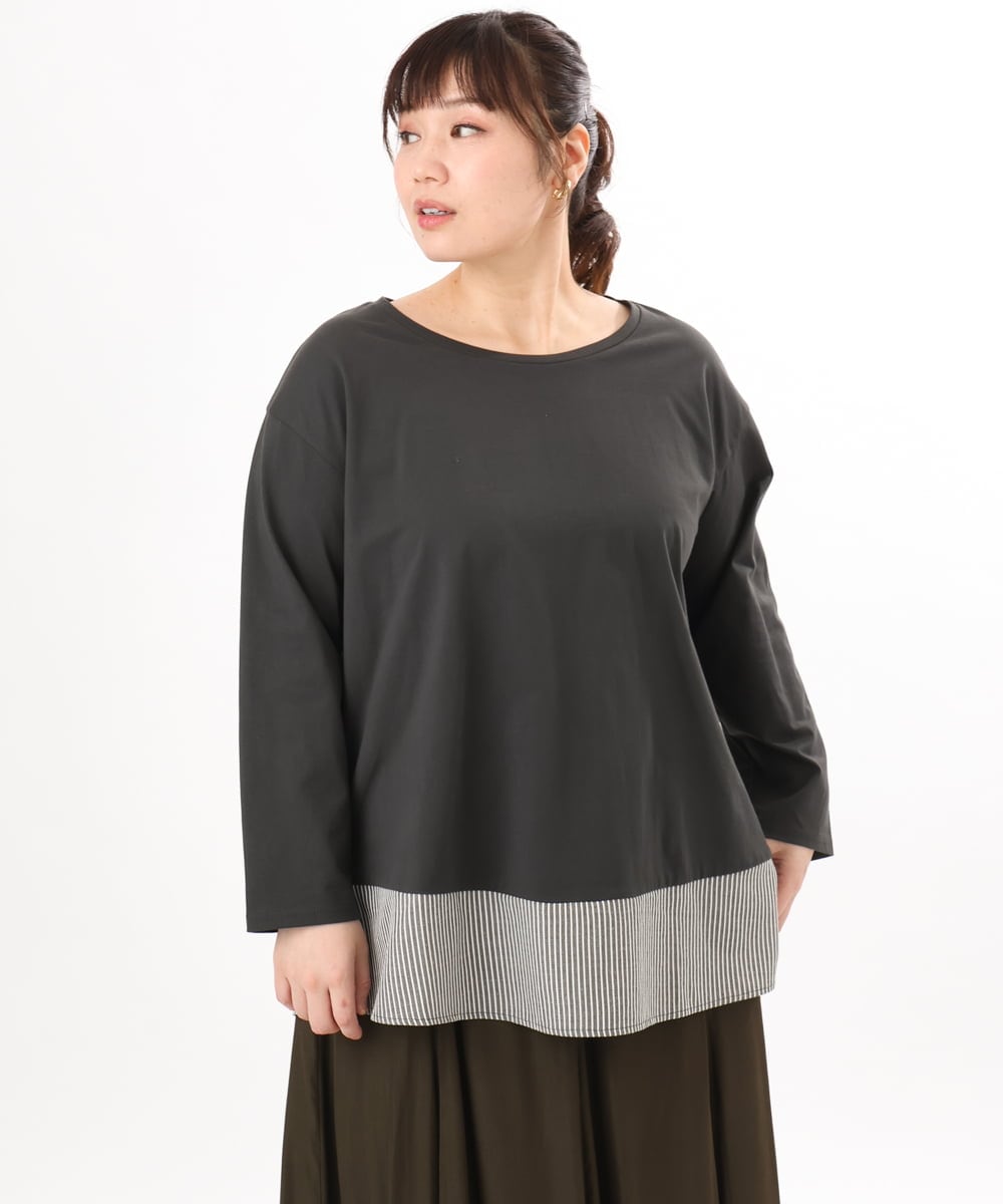 OLKED13089 eur3(エウルキューブ) 【大きいサイズ】裾ストライプカットソー ダークグレー