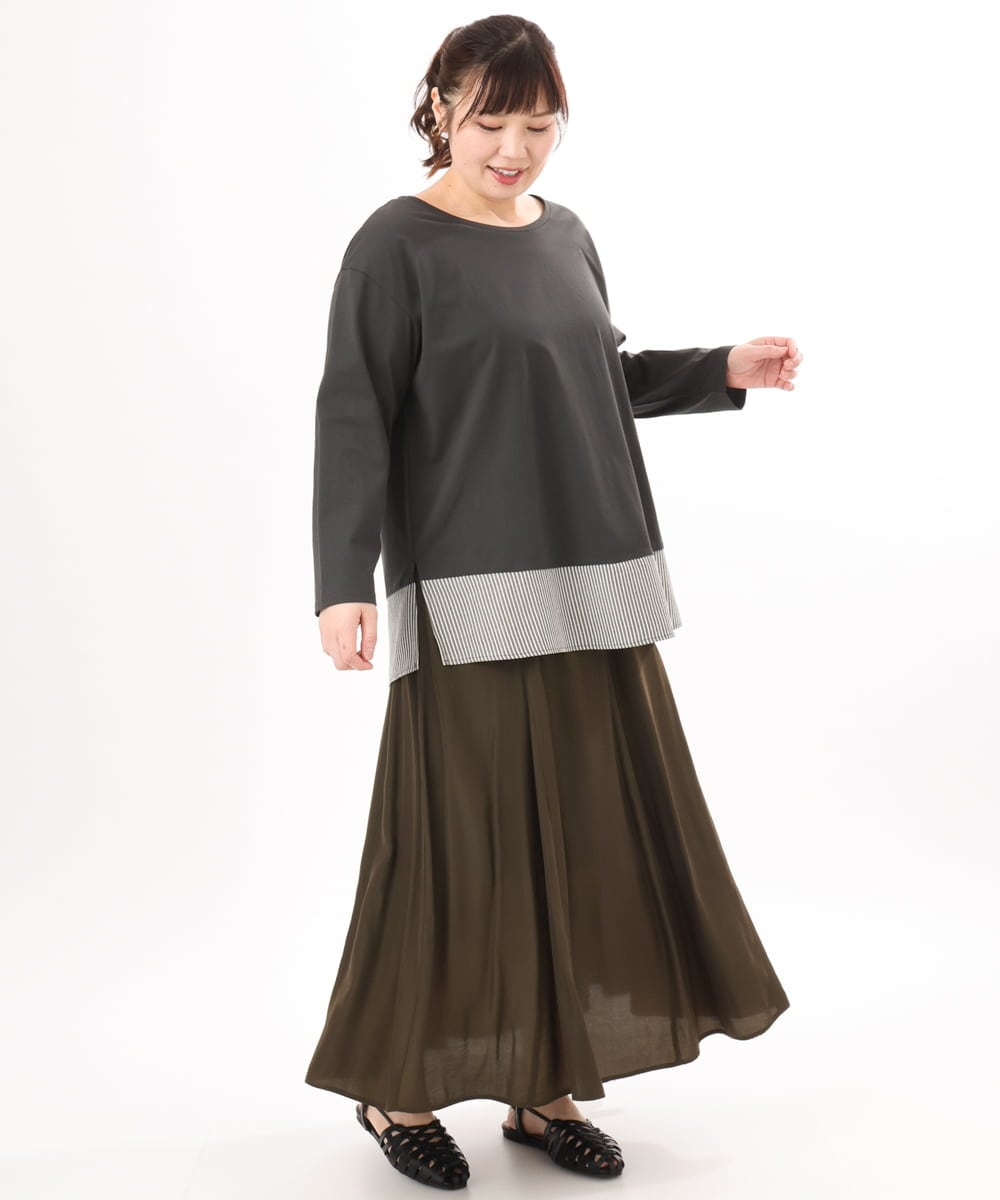 OLKED13089 eur3(エウルキューブ) 【大きいサイズ】裾ストライプカットソー ダークグレー