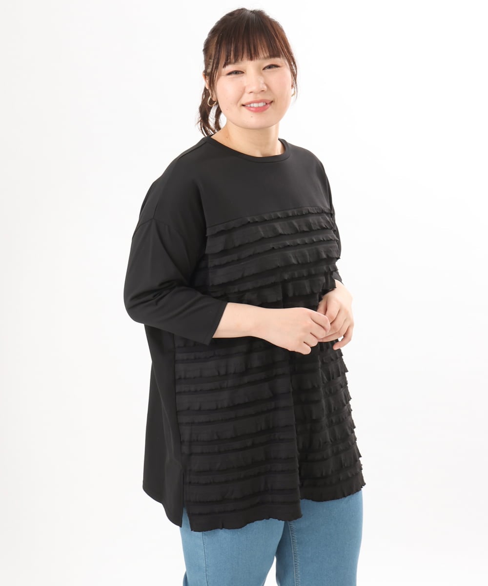 OLKED14099 eur3(エウルキューブ) 【WEB先行販売】【大きいサイズ】フリルジャージートップス ブラック