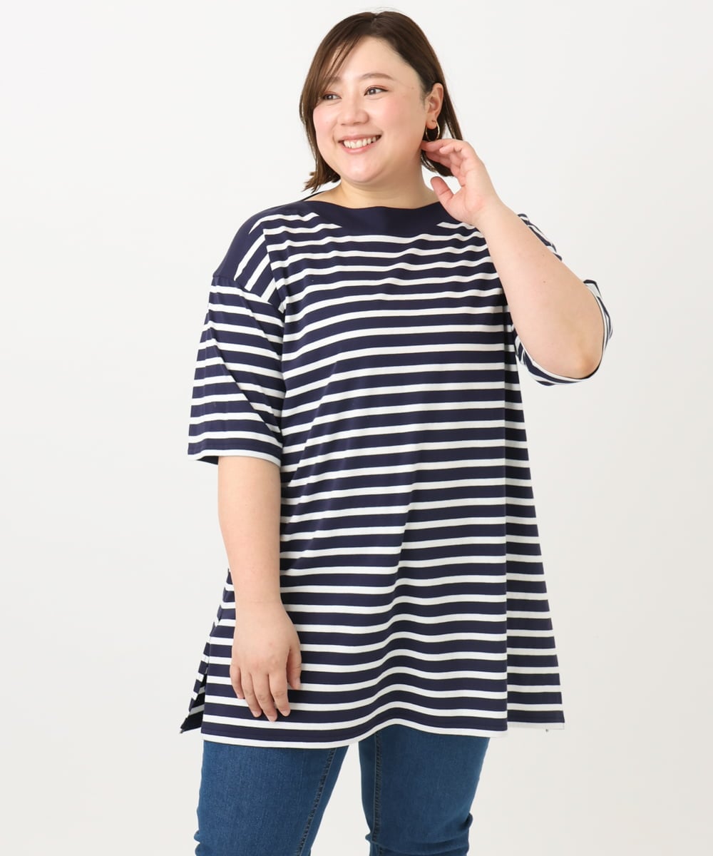 OLKFA15089 eur3(エウルキューブ) 【大きいサイズ】ボートネックボーダーカットソー ネイビー(57)