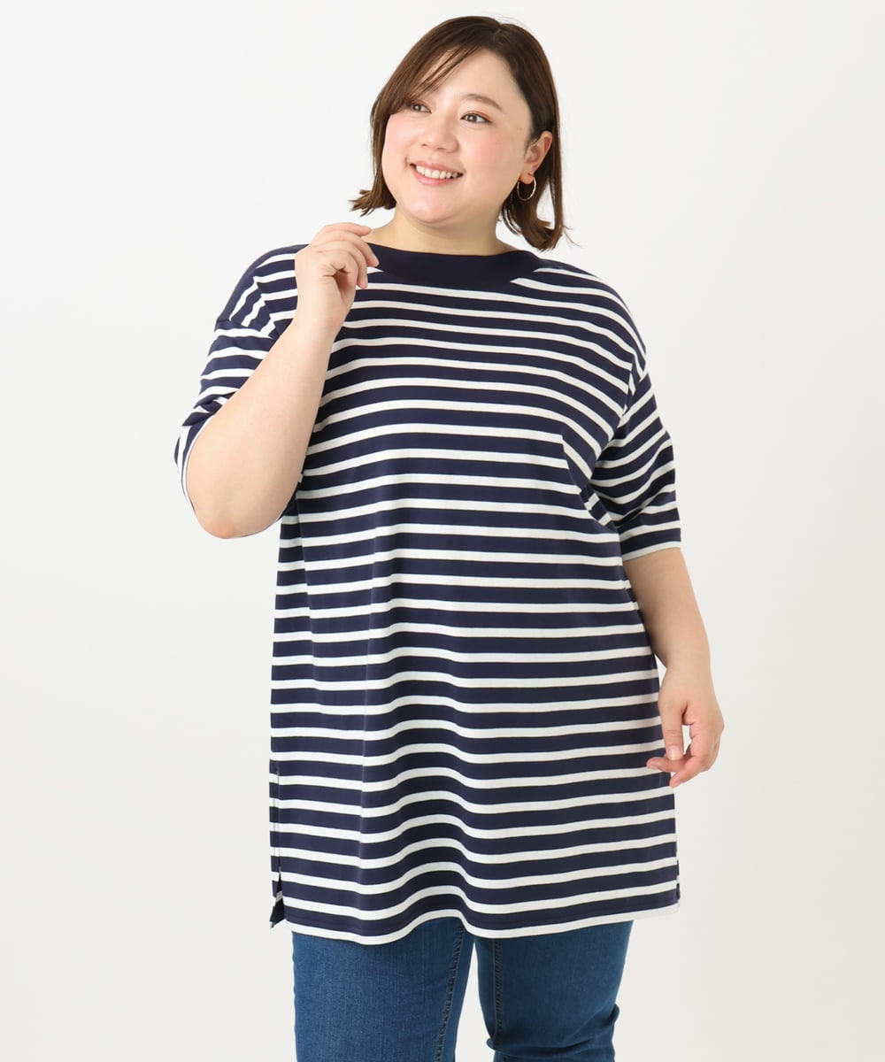 OLKFA15089 eur3(エウルキューブ) 【大きいサイズ】ボートネックボーダーカットソー ネイビー(57)