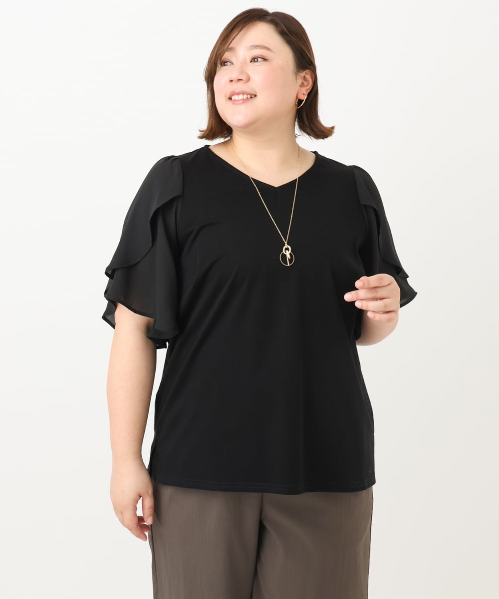 OLKFA17089 eur3(エウルキューブ) 【大きいサイズ】ラッフルスリーブカットソー ブラック(94)
