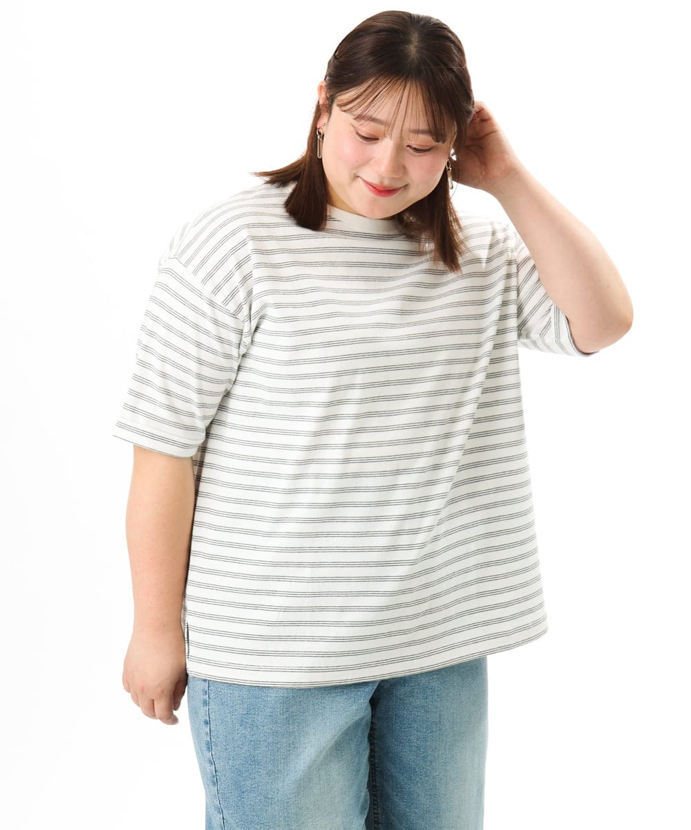 OLKFD12039 eur3(エウルキューブ) 【大きいサイズ/接触冷感/UVカット】ドロップショルダーコットンTシャツ アイボリー/ストライプ