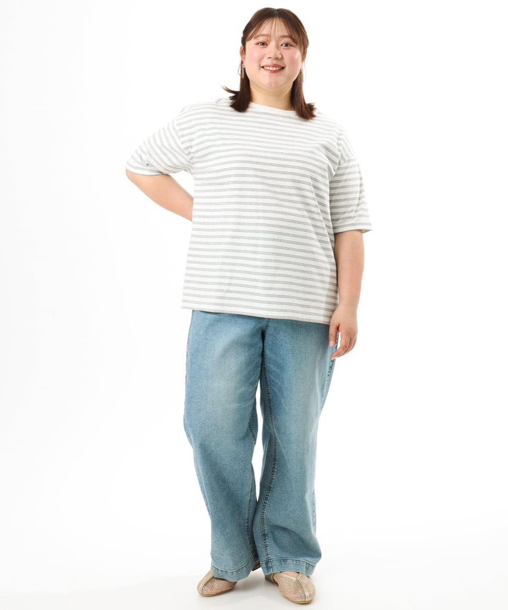 OLKFD12039 eur3(エウルキューブ) 【大きいサイズ/接触冷感/UVカット】ドロップショルダーコットンTシャツ アイボリー/ストライプ