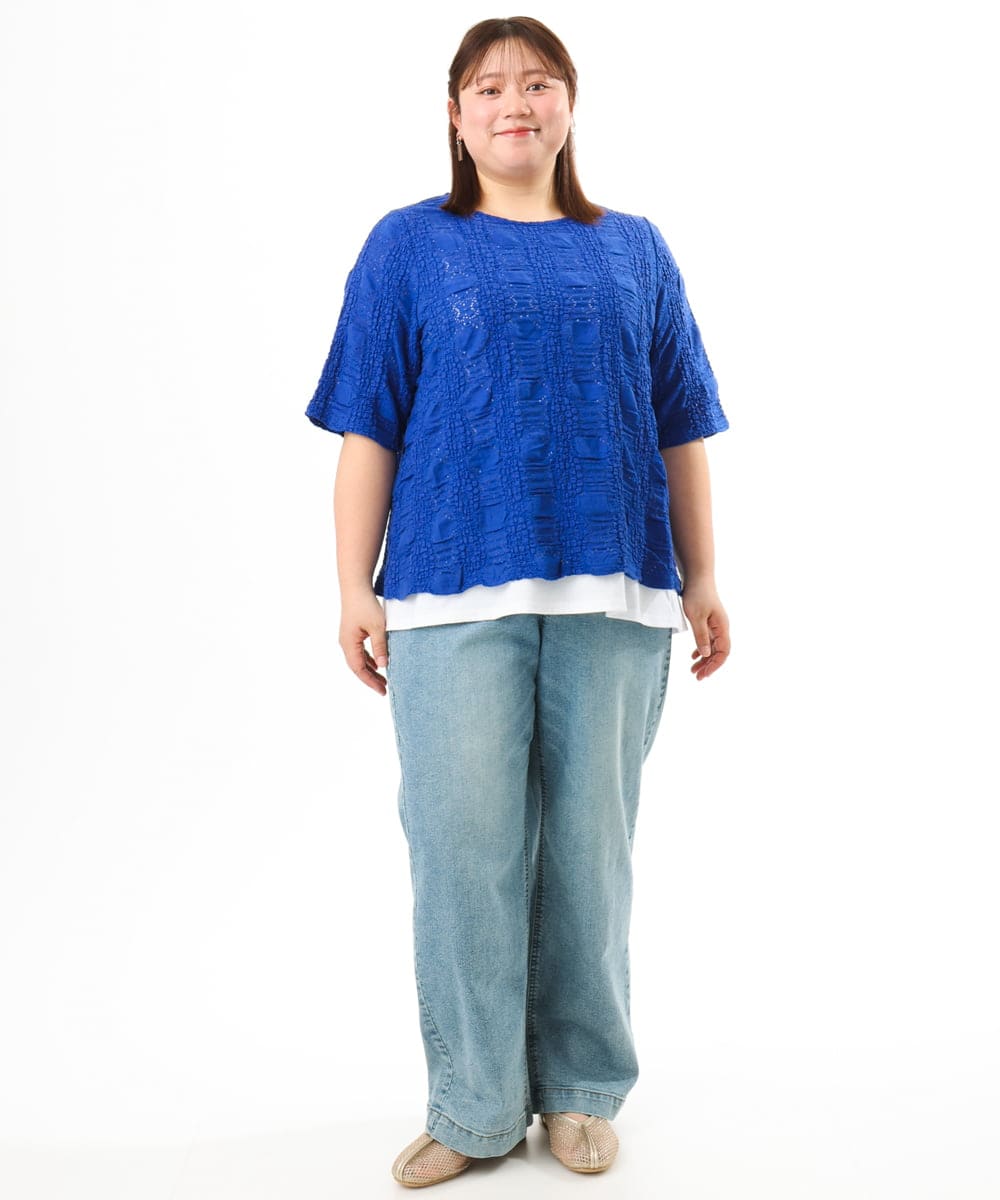 OLKFD19099 eur3(エウルキューブ) 【WEB先行販売】【大きいサイズ】シャーリングレースアンサンブル ブルー