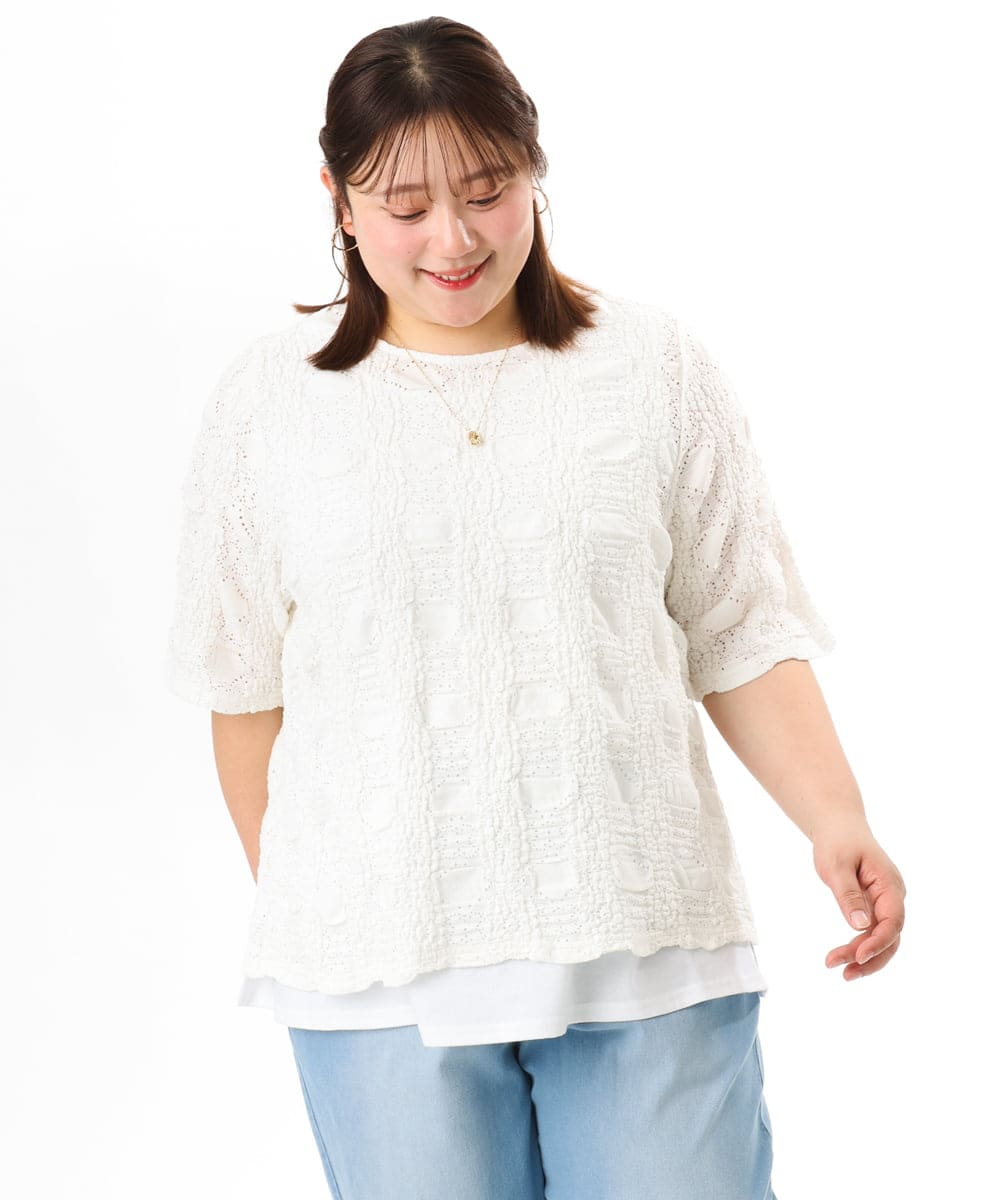 OLKFD19099 eur3(エウルキューブ) 【WEB先行販売】【大きいサイズ】シャーリングレースアンサンブル ホワイト