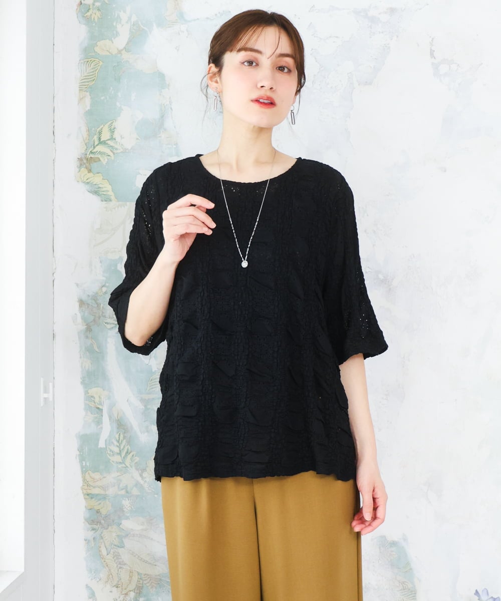 OLKFD19099 eur3(エウルキューブ) 【WEB先行販売】【大きいサイズ】シャーリングレースアンサンブル ブラック