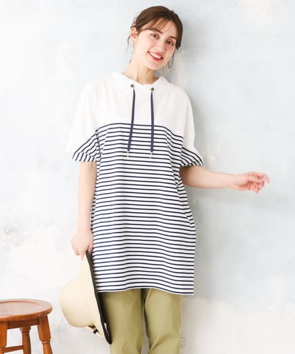 OLKFD21099 eur3 【WEB先行販売】【大きいサイズ】フーディ―風パネルボーダーカットソー