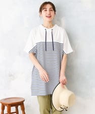 OLKFD21099 eur3(エウルキューブ) 【WEB先行販売】【大きいサイズ】フーディ―風パネルボーダーカットソー ホワイト