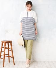 OLKFD21099 eur3(エウルキューブ) 【WEB先行販売】【大きいサイズ】フーディ―風パネルボーダーカットソー ホワイト