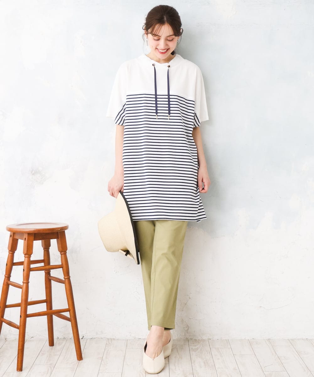 OLKFD21099 eur3(エウルキューブ) 【WEB先行販売】【大きいサイズ】フーディ―風パネルボーダーカットソー ホワイト