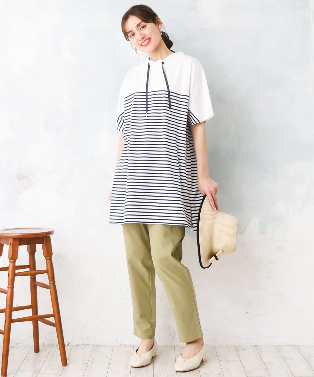 OLKFD21099 eur3(エウルキューブ) 【WEB先行販売】【大きいサイズ】フーディ―風パネルボーダーカットソー ホワイト