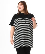 OLKFD21099 eur3(エウルキューブ) 【WEB先行販売】【大きいサイズ】フーディ―風パネルボーダーカットソー ブラック