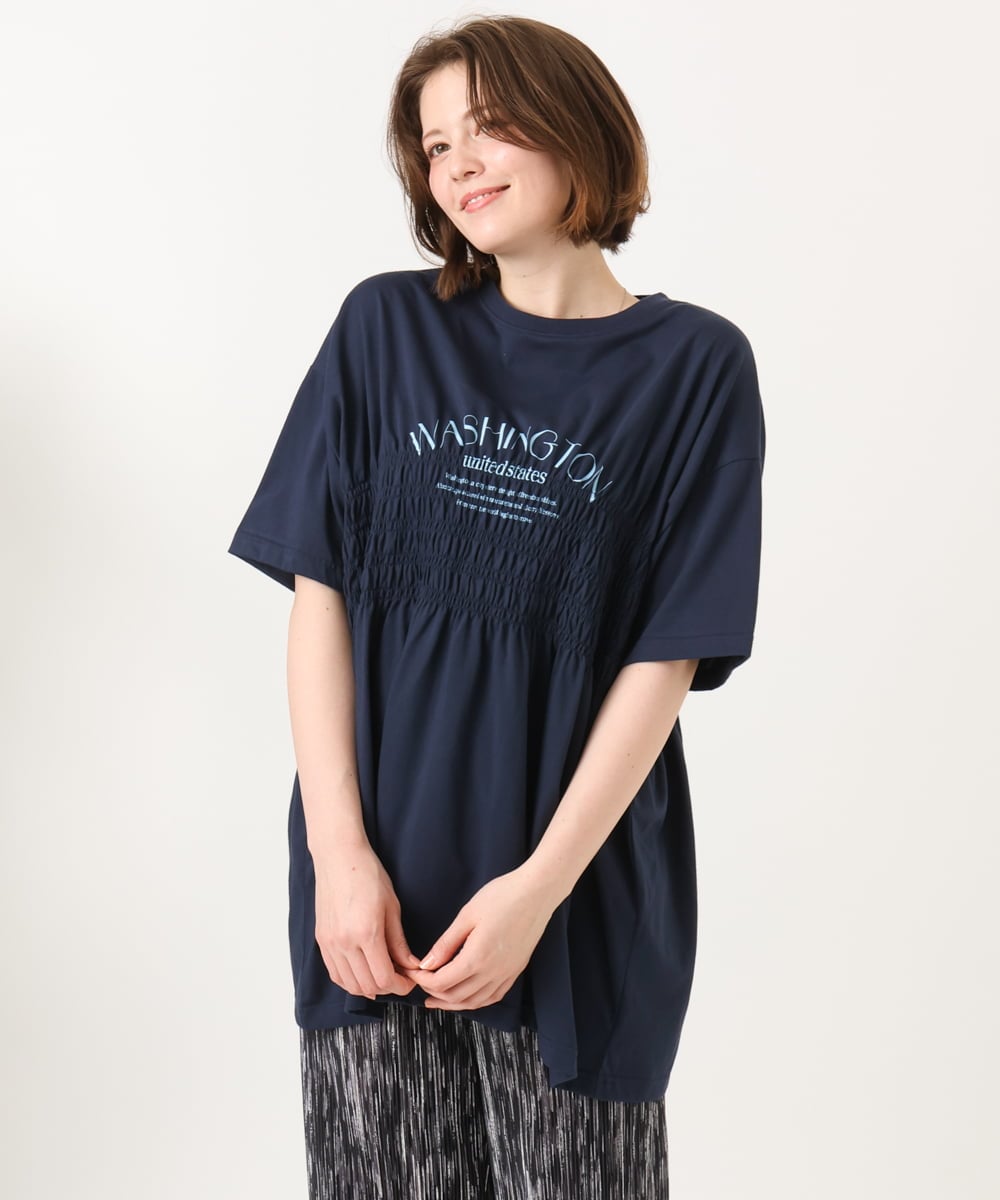 OLKFD25069 eur3(エウルキューブ) 【大きいサイズ/機能素材】シャーリングロゴTシャツ ネイビー
