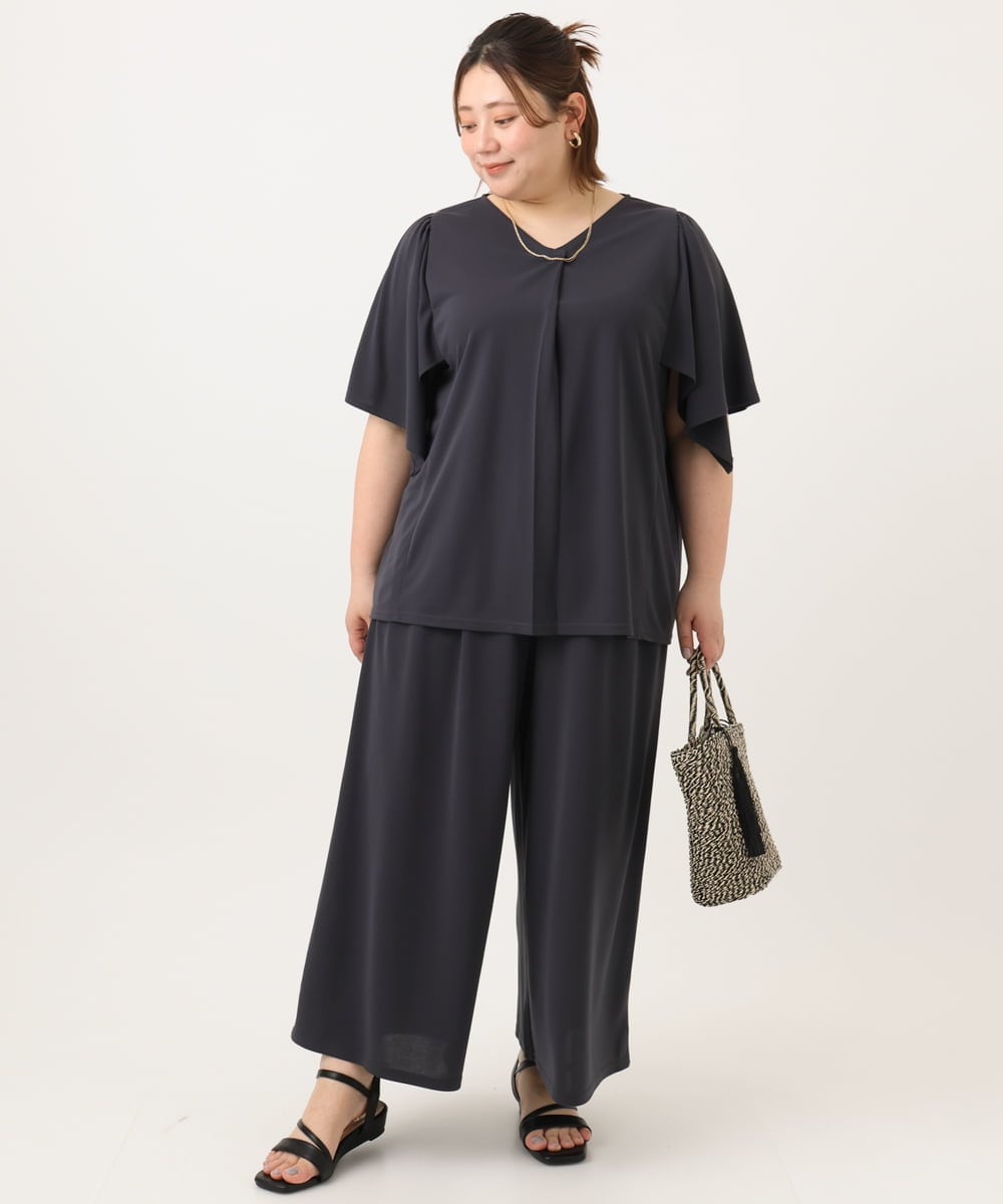 OLKGA21079 eur3(エウルキューブ) 【WEB先行販売】【大きいサイズ/セットアップ対応】接触冷感ジャージーVネックカットソー ダークグレー(93)