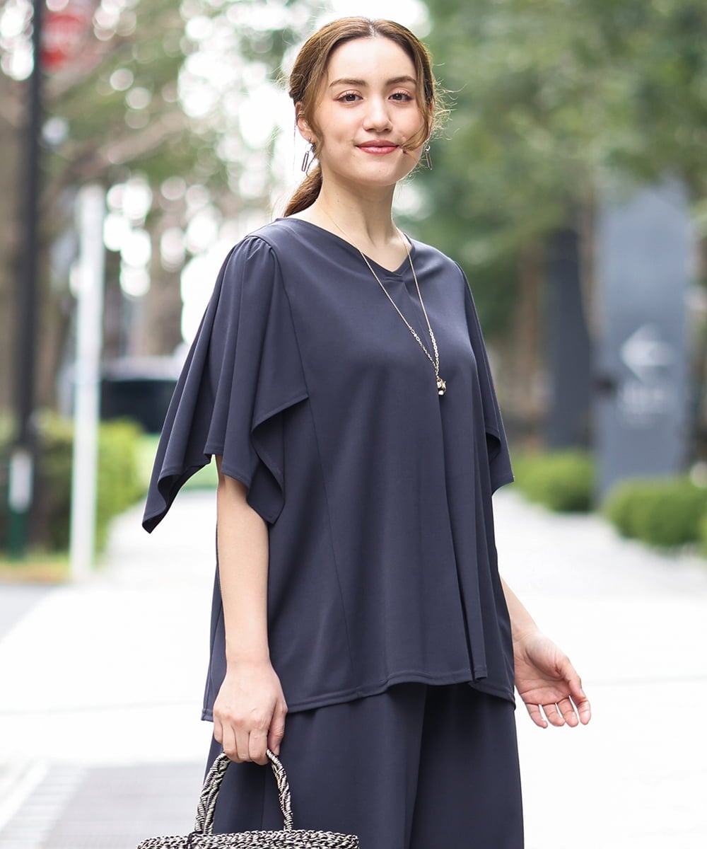 OLKGA21079 eur3(エウルキューブ) 【WEB先行販売】【大きいサイズ/セットアップ対応】接触冷感ジャージーVネックカットソー ダークグレー(93)