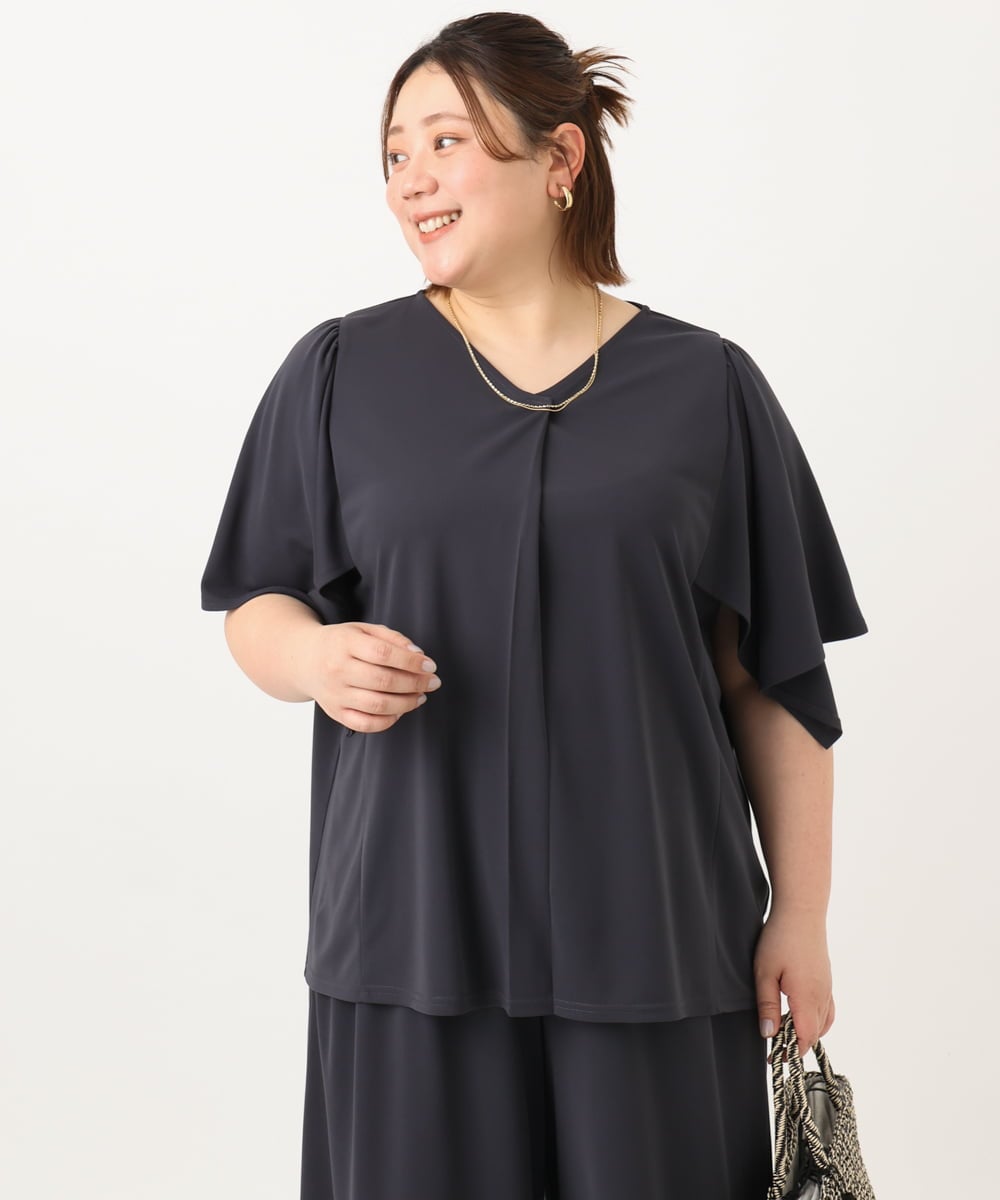OLKGA21079 eur3(エウルキューブ) 【WEB先行販売】【大きいサイズ/セットアップ対応】接触冷感ジャージーVネックカットソー ダークグレー(93)