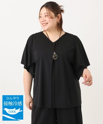eur3(エウルキューブ) 【WEB先行販売】【大きいサイズ/セットアップ対応】接触冷感ジャージーVネックカットソー ブラック/黒 フリーサイズ