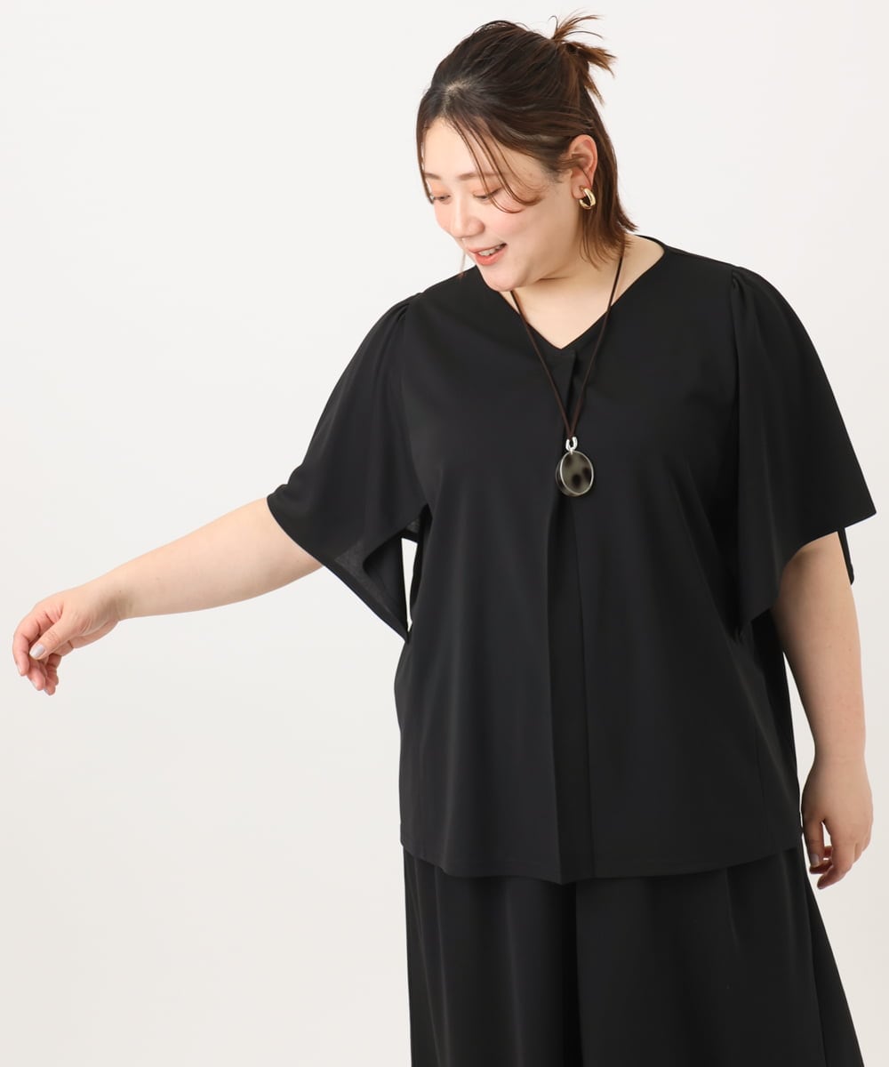 OLKGA21079 eur3(エウルキューブ) 【WEB先行販売】【大きいサイズ/セットアップ対応】接触冷感ジャージーVネックカットソー ブラック(94)