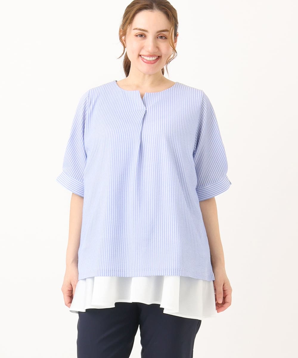 OLKGA23069 eur3(エウルキューブ) 【大きいサイズ】シャンブレーストライプカットソー ライトブルー(50)