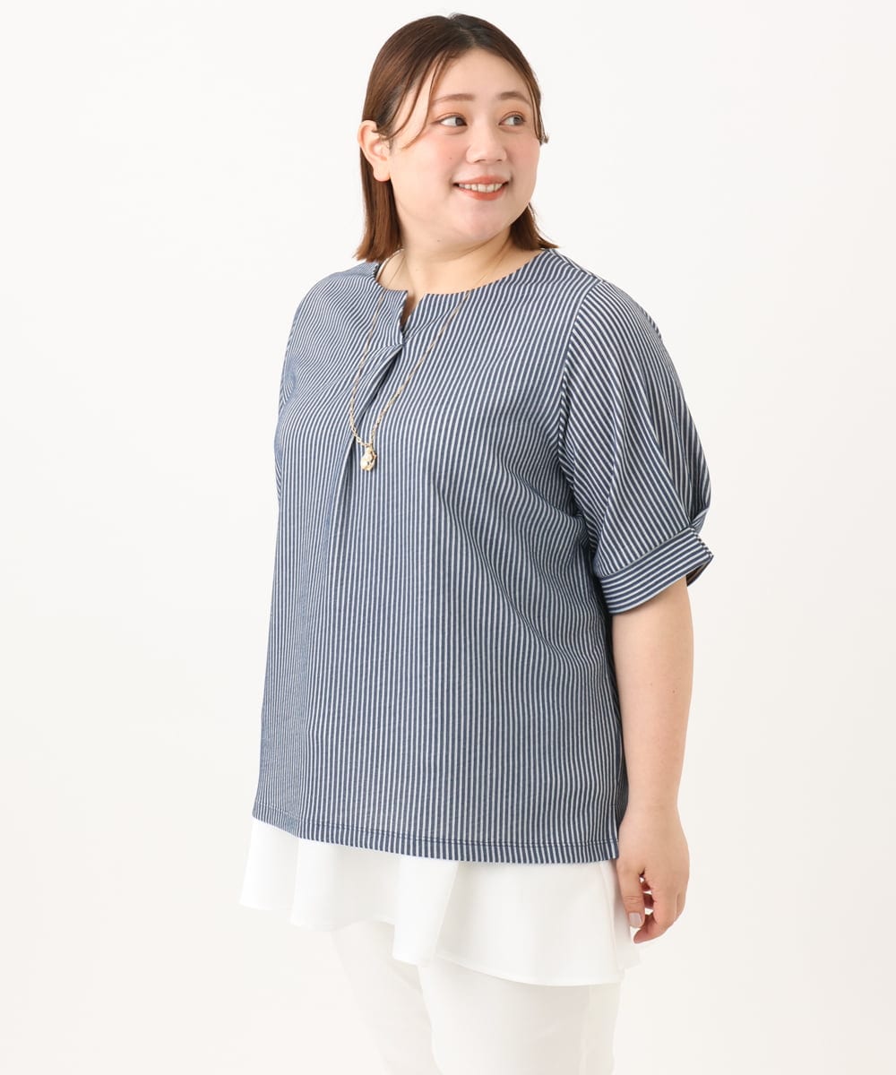 OLKGA23069 eur3(エウルキューブ) 【大きいサイズ】シャンブレーストライプカットソー ネイビー(57)
