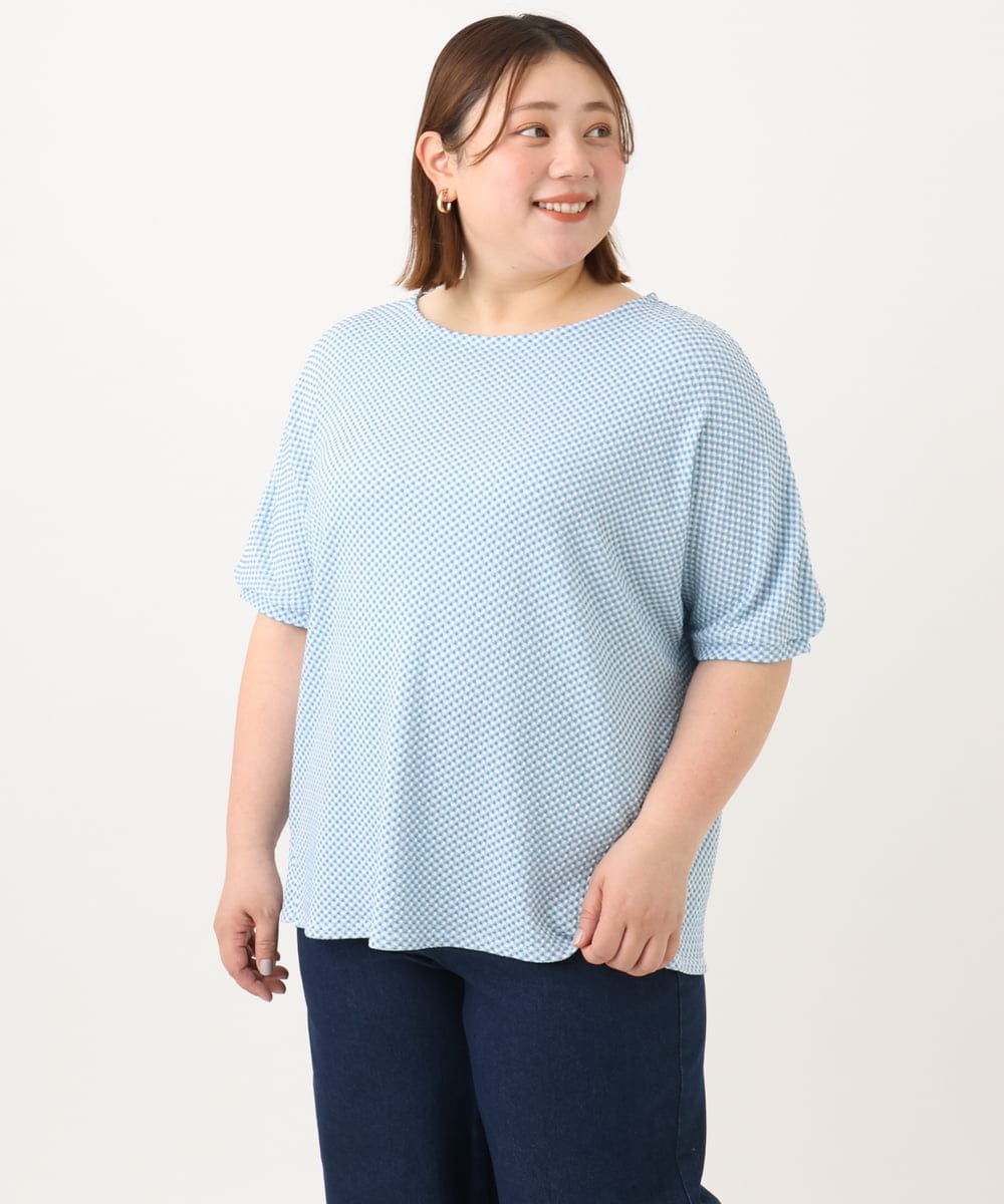 OLKGA43069 eur3(エウルキューブ) 【大きいサイズ】ぽこぽこギンガムカットソー ライトブルー(50)