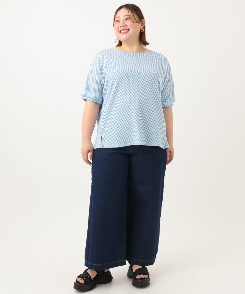 OLKGA43069 eur3(エウルキューブ) 【大きいサイズ】ぽこぽこギンガムカットソー ライトブルー(50)