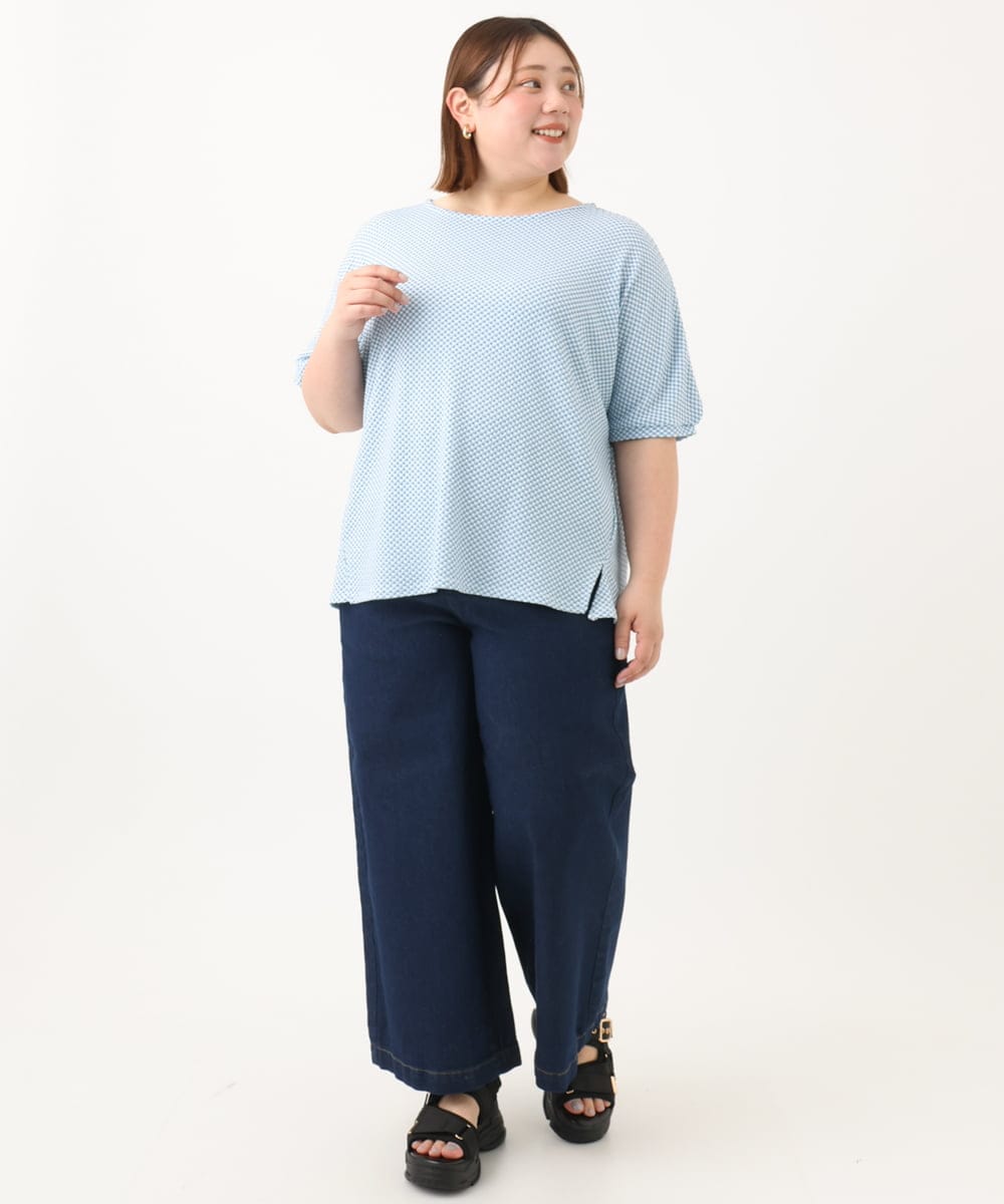 OLKGA43069 eur3(エウルキューブ) 【大きいサイズ】ぽこぽこギンガムカットソー ライトブルー(50)