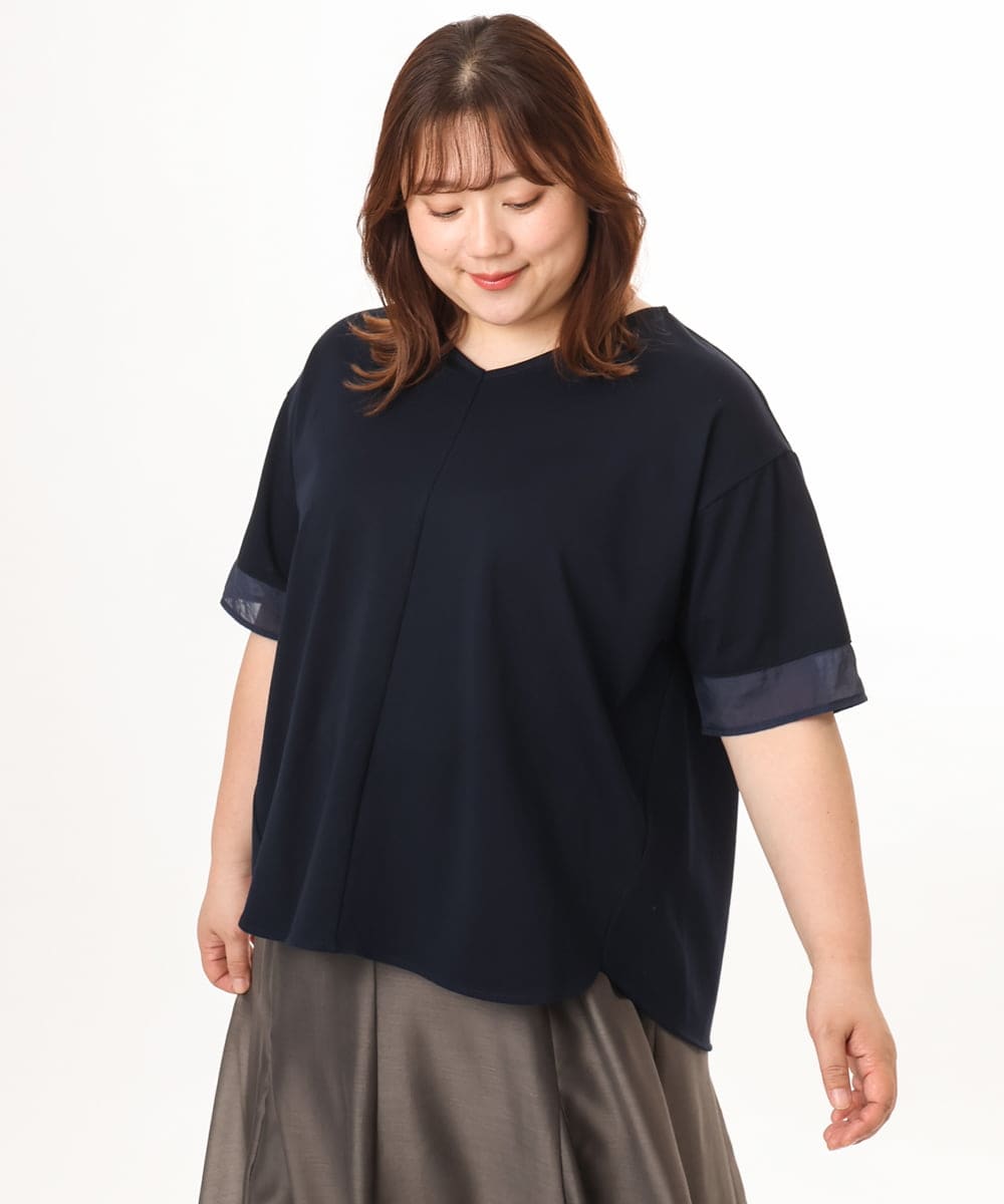 OLKGD33059 eur3(エウルキューブ) 【WEB先行販売】【大きいサイズ】Vネック袖―シア―トップス ネイビー