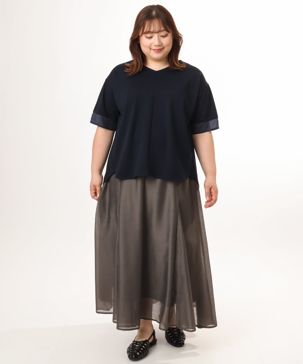 OLKGD33059 eur3(エウルキューブ) 【WEB先行販売】【大きいサイズ】Vネック袖―シア―トップス ネイビー