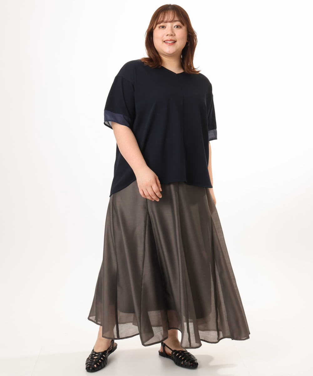 OLKGD33059 eur3(エウルキューブ) 【WEB先行販売】【大きいサイズ】Vネック袖―シア―トップス ネイビー