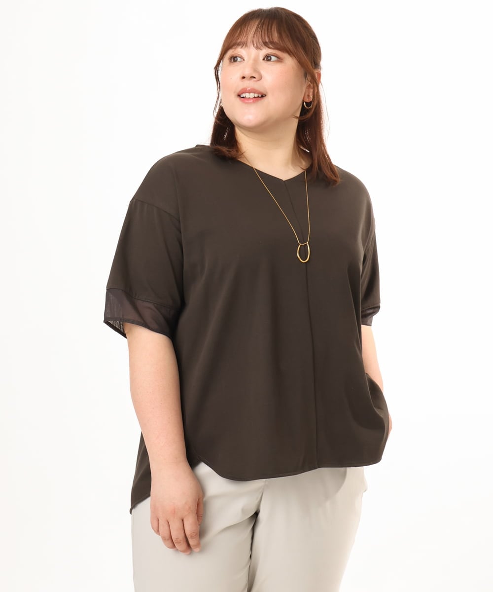 OLKGD33059 eur3(エウルキューブ) 【WEB先行販売】【大きいサイズ】Vネック袖―シア―トップス ダークグレー