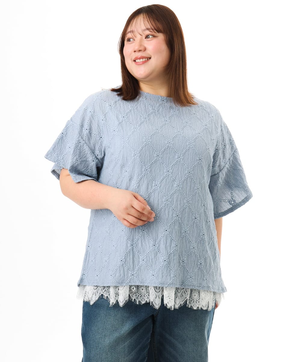 OLKGD37069 eur3(エウルキューブ) 【WEB先行販売】【大きいサイズ】アイレットレースフレアスリーブトップス ライトブルー