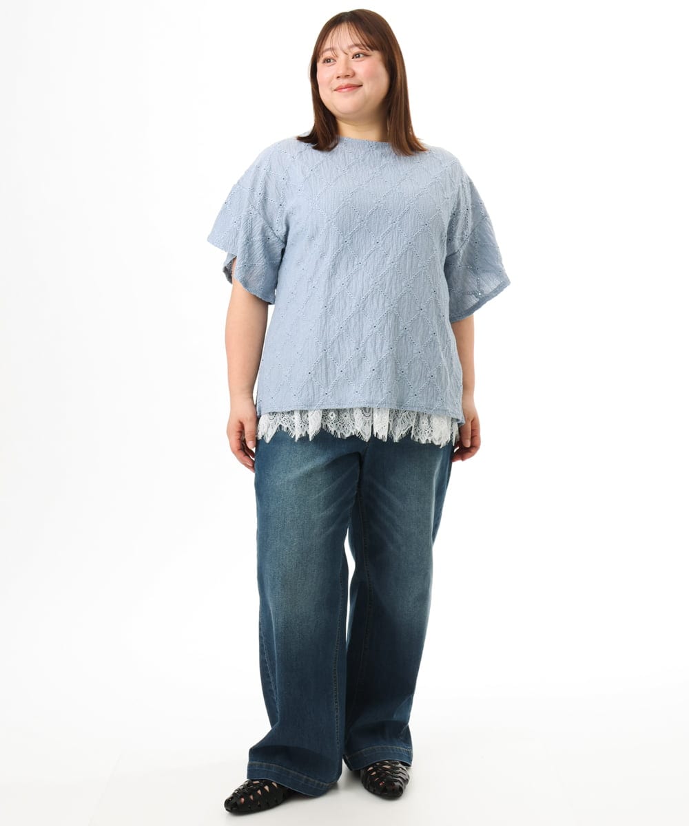 OLKGD37069 eur3(エウルキューブ) 【WEB先行販売】【大きいサイズ】アイレットレースフレアスリーブトップス ライトブルー