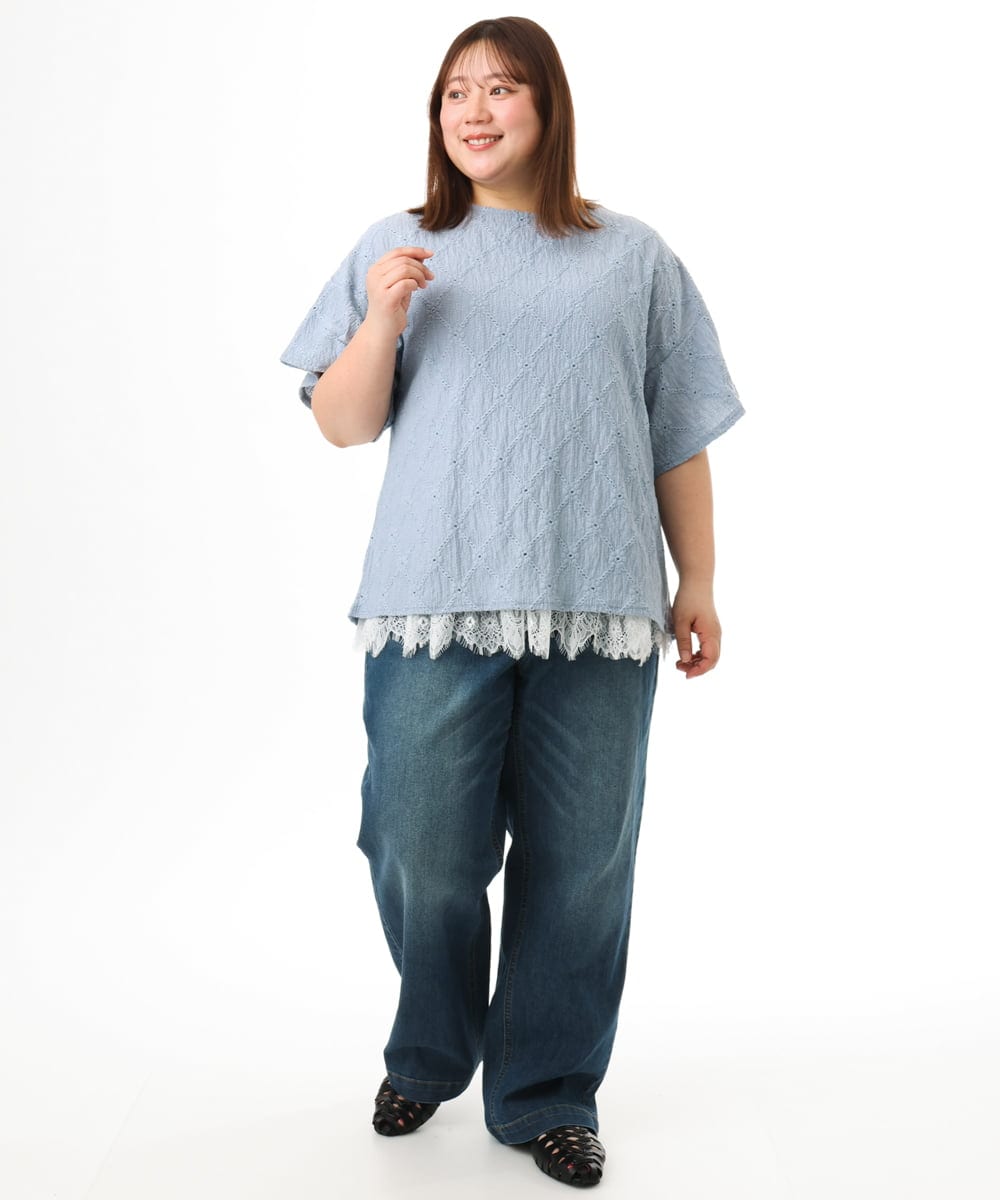 OLKGD37069 eur3(エウルキューブ) 【WEB先行販売】【大きいサイズ】アイレットレースフレアスリーブトップス ライトブルー