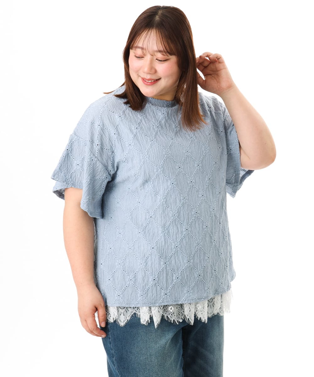 OLKGD37069 eur3(エウルキューブ) 【WEB先行販売】【大きいサイズ】アイレットレースフレアスリーブトップス ライトブルー
