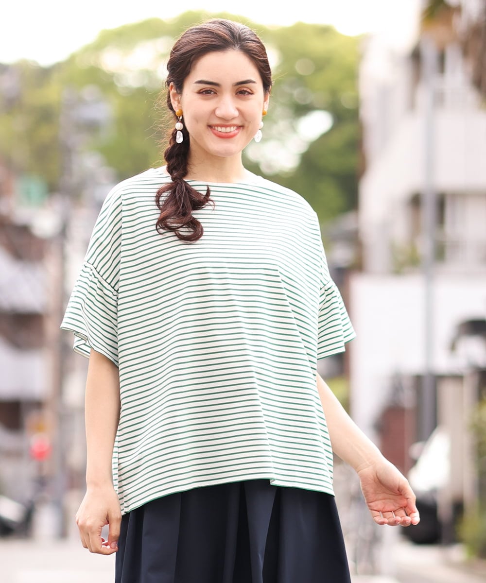 OLKGS41050 eur3(エウルキューブ) 【大きいサイズ/a.v.v×eur3】ギャザースリーブボーダーカットソー グリーン(35)