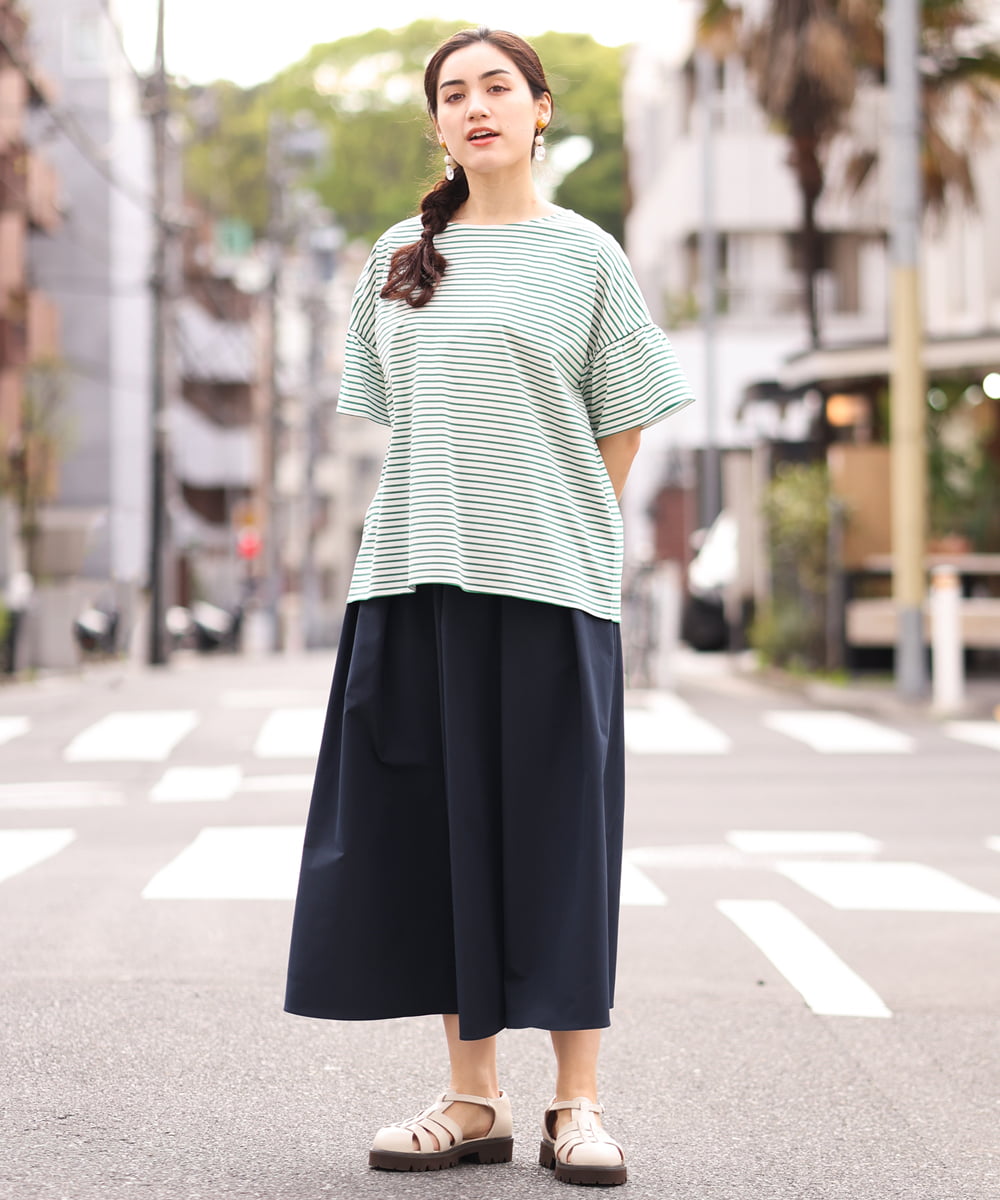 OLKGS41050 eur3(エウルキューブ) 【大きいサイズ/a.v.v×eur3】ギャザースリーブボーダーカットソー グリーン(35)