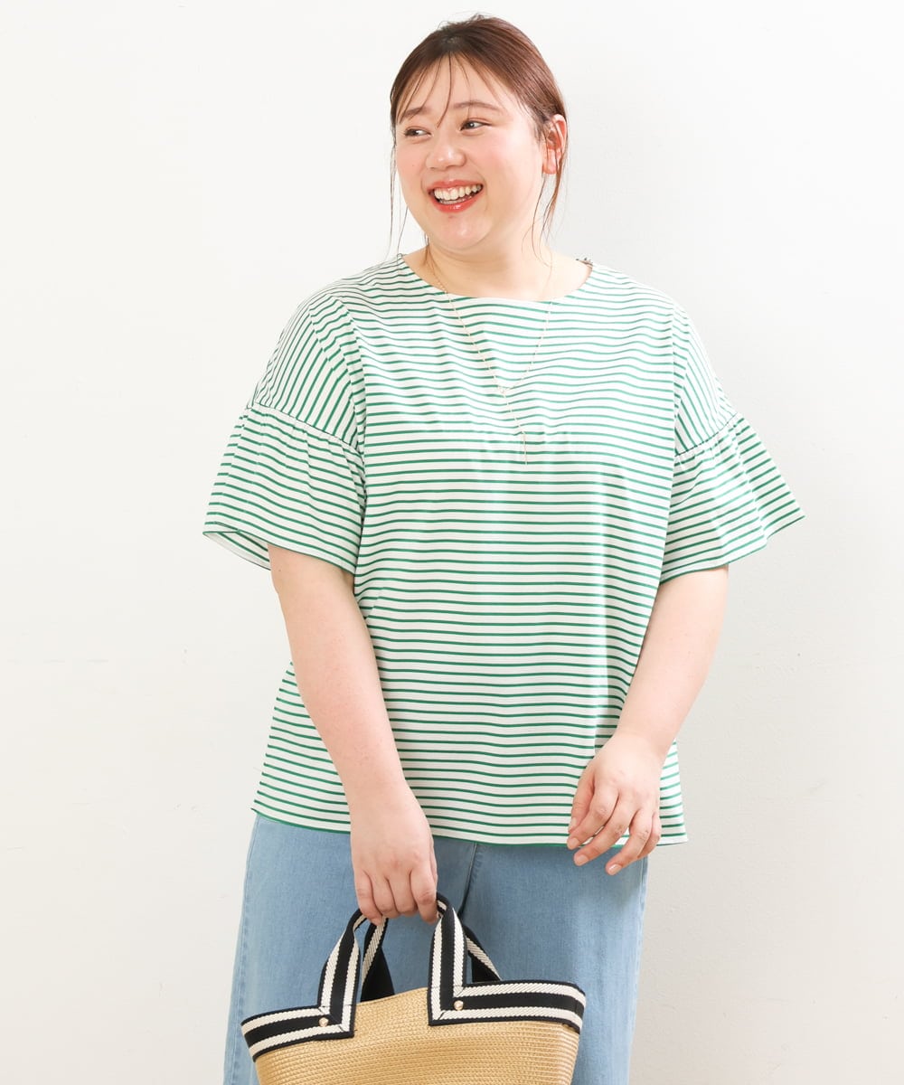 OLKGS41050 eur3(エウルキューブ) 【大きいサイズ/a.v.v×eur3】ギャザースリーブボーダーカットソー グリーン(35)