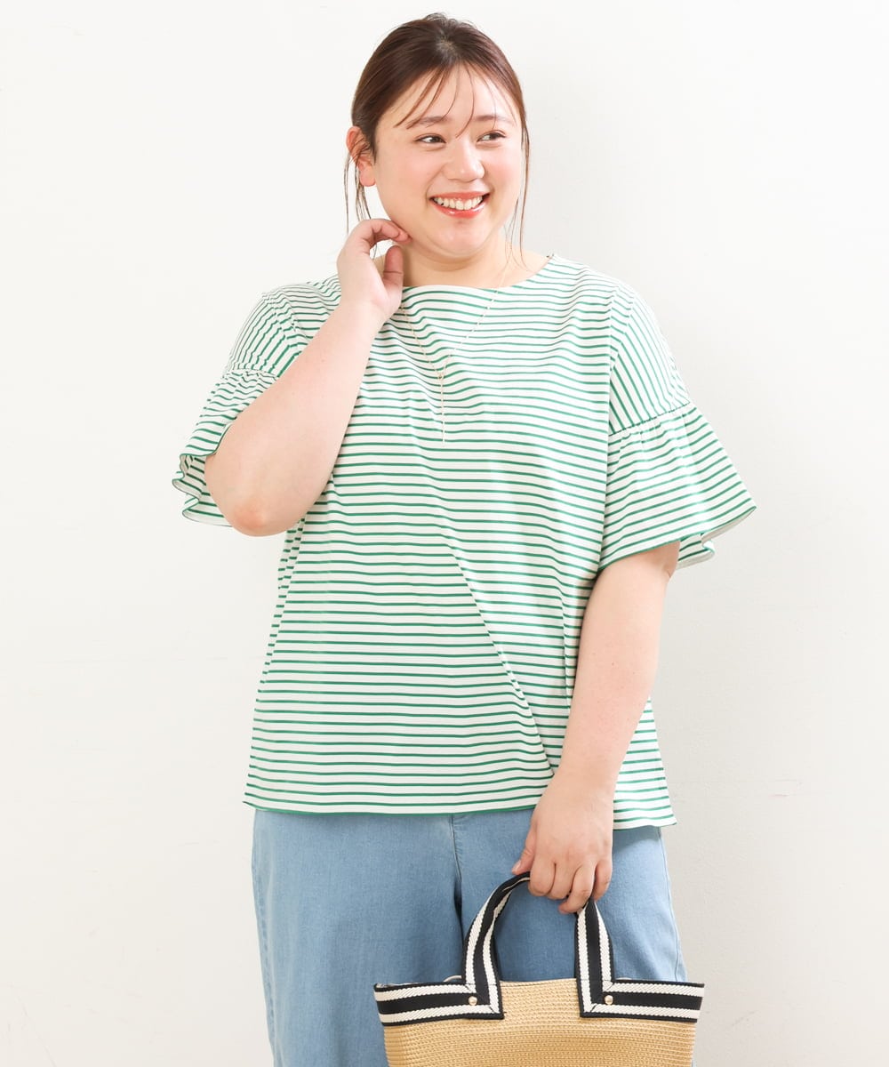 OLKGS41050 eur3(エウルキューブ) 【大きいサイズ/a.v.v×eur3】ギャザースリーブボーダーカットソー グリーン(35)