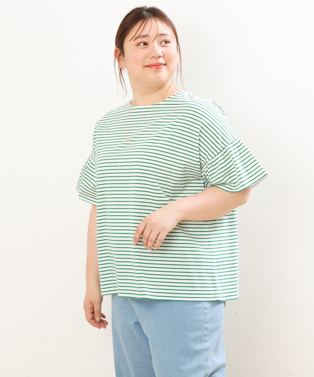OLKGS41050 eur3(エウルキューブ) 【大きいサイズ/a.v.v×eur3】ギャザースリーブボーダーカットソー グリーン(35)