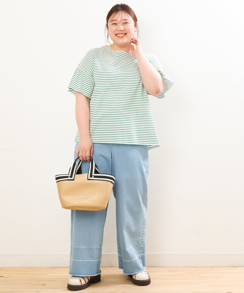 OLKGS41050 eur3(エウルキューブ) 【大きいサイズ/a.v.v×eur3】ギャザースリーブボーダーカットソー グリーン(35)